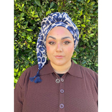 Cozy Israeli Print Headwrap + Tassel Details - Blue Leopard-Long Wrap-The Little Tichel Lady