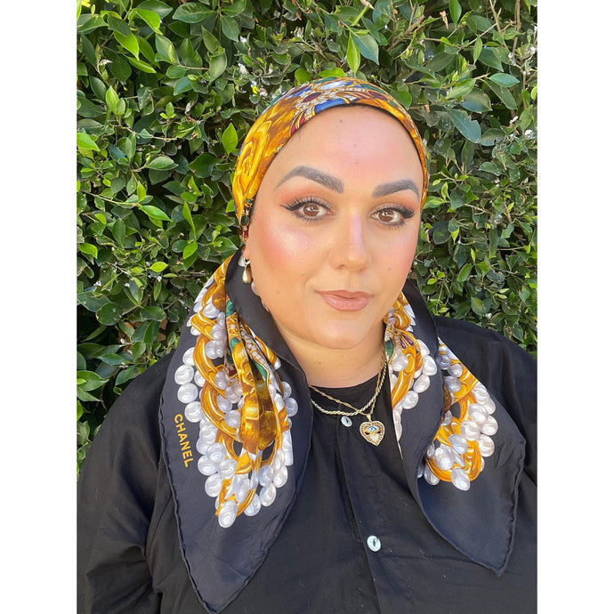 Chanel Authentic Vintage Designer Headscarf, Camellia Gripoix-Designer headscarf-The Little Tichel Lady