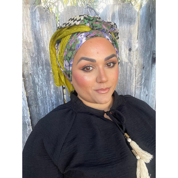 Israeli Harmonia 3-in-1 Headwraps - Purple/Green Print-Long wrap-The Little Tichel Lady