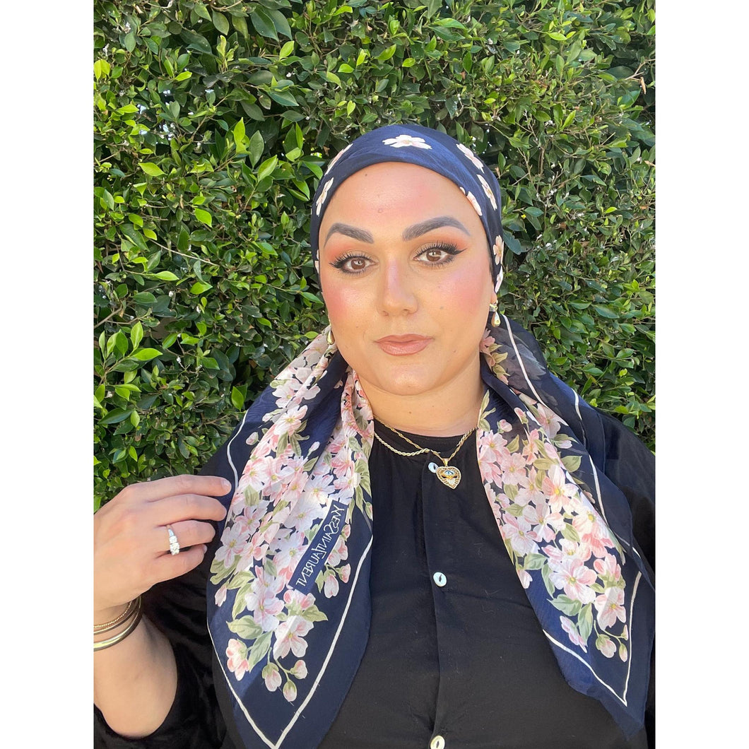 YSL Authentic Designer Headscarf, Navy Floral-Designer headscarf-The Little Tichel Lady