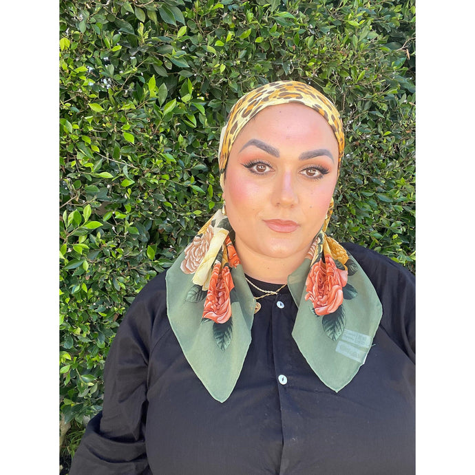 Ferragamo Authentic Vintage Designer Headscarf, Cheetah Floral-Designer headscarf-The Little Tichel Lady