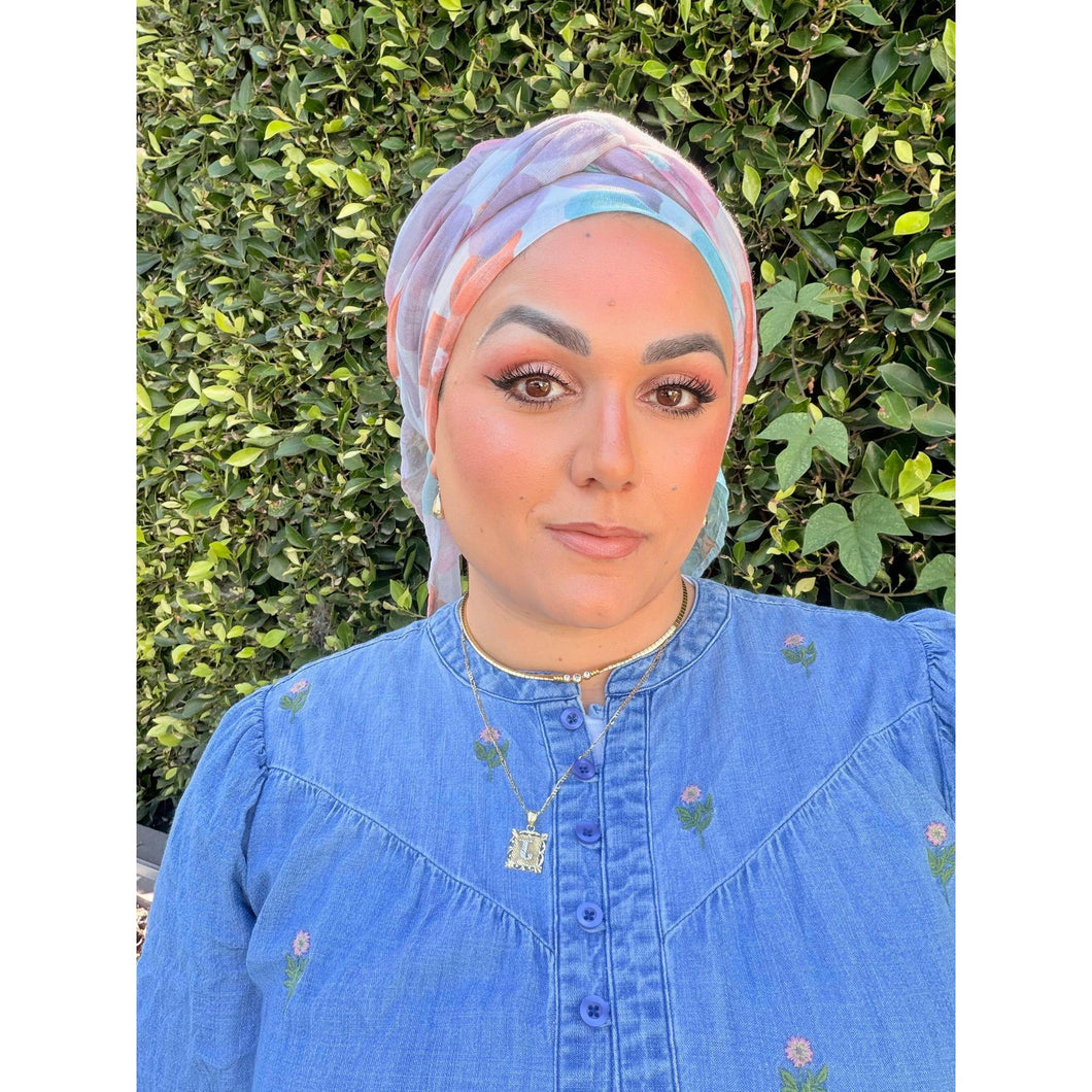 Watercolor Gauzy Floral Wrap - Aqua/Purple-Long Wrap-The Little Tichel Lady
