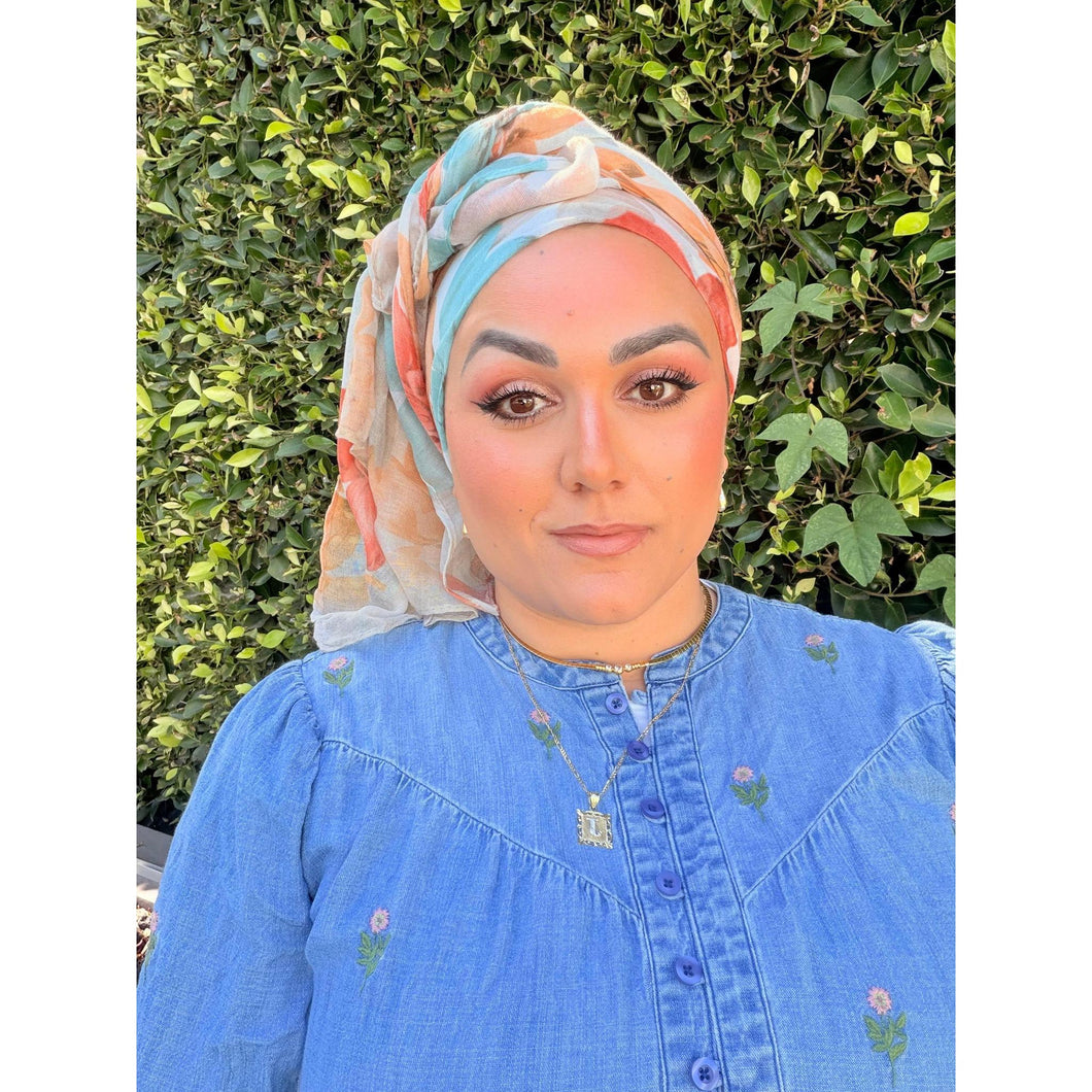 Watercolor Gauzy Floral Wrap - Rust/Yellow-Long Wrap-The Little Tichel Lady