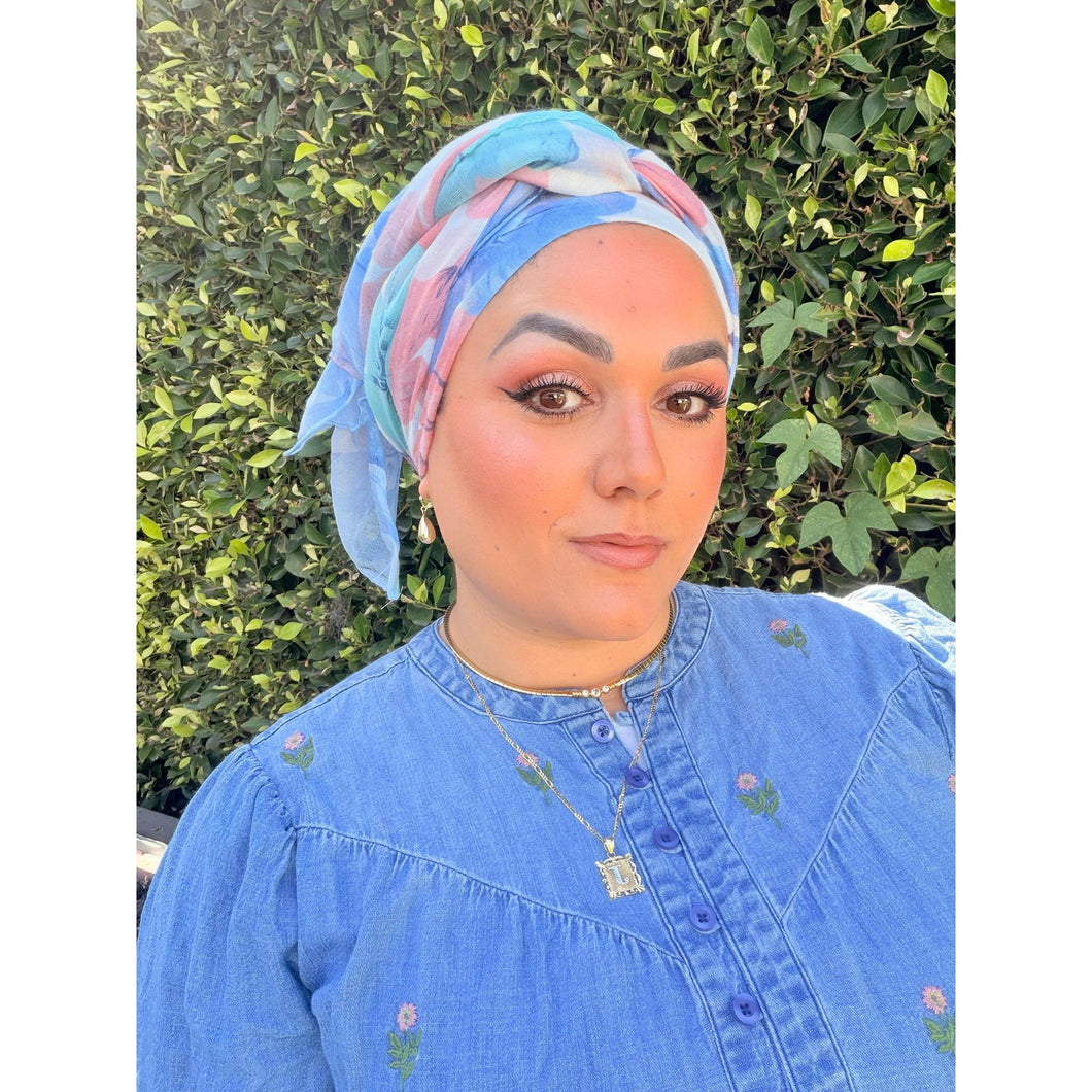 Watercolor Gauzy Floral Wrap - Pink/Blue-Long Wrap-The Little Tichel Lady