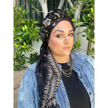 Israeli Tassel Embroidered Very Large Square - Black/Gold-Squares-The Little Tichel Lady