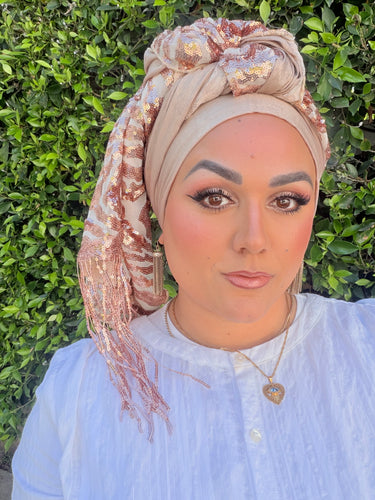 Exquisite Sequins Headwrap - Rose Gold & Neutral-Long Wrap-The Little Tichel Lady