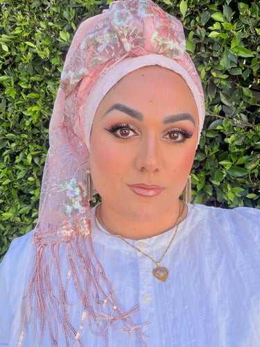 Exquisite Sequins & Floral Headwrap - Pink-Long Wrap-The Little Tichel Lady