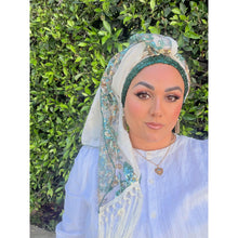 Exquisite Sequins & Floral Headwrap - Off-White & Teal-Long Wrap-The Little Tichel Lady