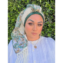Exquisite Sequins & Floral Headwrap - Off-White & Teal-Long Wrap-The Little Tichel Lady