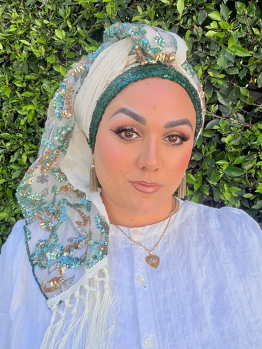 Exquisite Sequins & Floral Headwrap - Off-White & Teal-Long Wrap-The Little Tichel Lady