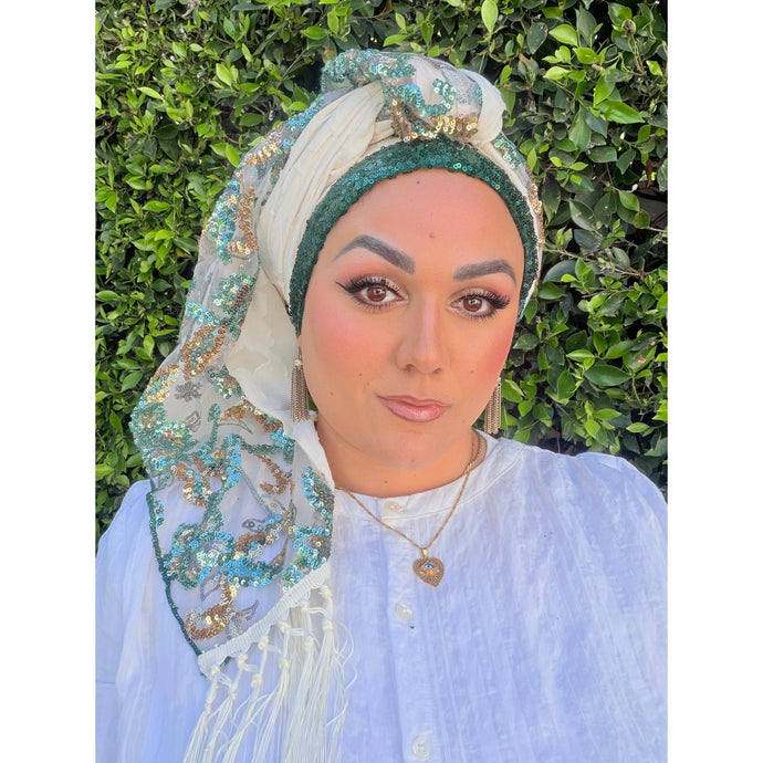 Exquisite Sequins & Floral Headwrap - Off-White & Teal-Long Wrap-The Little Tichel Lady