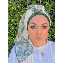 Exquisite Sequins & Floral Headwrap - Off-White & Teal-Long Wrap-The Little Tichel Lady