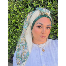 Exquisite Sequins & Floral Headwrap - Off-White & Teal-Long Wrap-The Little Tichel Lady