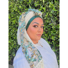 Exquisite Sequins & Floral Headwrap - Off-White & Teal-Long Wrap-The Little Tichel Lady