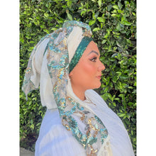 Exquisite Sequins & Floral Headwrap - Off-White & Teal-Long Wrap-The Little Tichel Lady