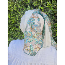 Exquisite Sequins & Floral Headwrap - Off-White & Teal-Long Wrap-The Little Tichel Lady