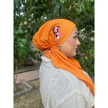 Linen Embroidered Pretied w/ VELVET HEADBAND & Adjustable Circumference - Orange-Pretieds-The Little Tichel Lady