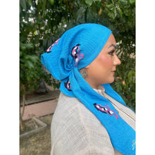 Linen Embroidered Pretied w/ VELVET HEADBAND & Adjustable Circumference - Blue-Pretieds-The Little Tichel Lady