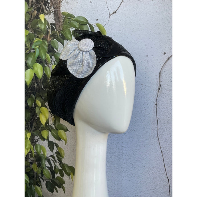 Embellished Hat - Size #2 Black/Silver Flower-Hat-The Little Tichel Lady