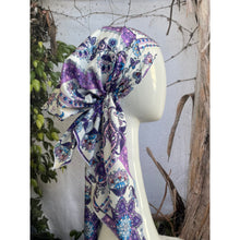Satin Pretied, Long Tails w/ VELVET HEADBAND - Purple/Blue Print-pretieds-The Little Tichel Lady