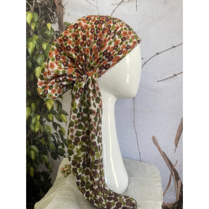 Pretied Turkish Cotton Textured Tichel w/ Long Tails - Earthy Floral Print-pretieds-The Little Tichel Lady