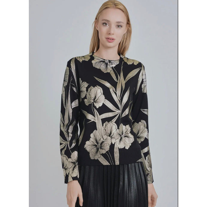 Gold Floral Print Sweater, S-1X-Tops-The Little Tichel Lady