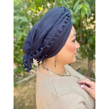 Pom Pom Detailed Headwraps - Navy-Long Wrap-The Little Tichel Lady