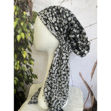 Pretied Turkish Cotton Textured Tichel w/ Long Tails - Black/White Floral-pretieds-The Little Tichel Lady