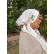 Linen Embroidered Pretied w/ VELVET HEADBAND & Adjustable Circumference - White-Pretieds-The Little Tichel Lady