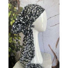 Pretied Turkish Cotton Textured Tichel w/ Long Tails - Black/White Floral-pretieds-The Little Tichel Lady