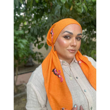 Linen Embroidered Pretied w/ VELVET HEADBAND & Adjustable Circumference - Orange-Pretieds-The Little Tichel Lady