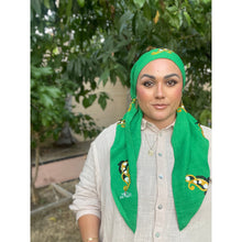 Linen Embroidered Pretied w/ VELVET HEADBAND & Adjustable Circumference - Green-Pretieds-The Little Tichel Lady