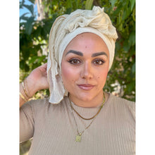 Israeli Textured Headwrap W/ Gold Details - Creme-Long Wrap-The Little Tichel Lady