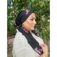 Linen Embroidered Pretied w/ VELVET HEADBAND & Adjustable Circumference - Black/Pink-Pretieds-The Little Tichel Lady