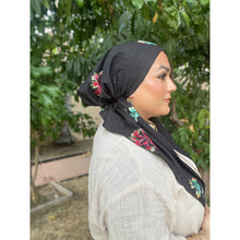 Linen Embroidered Pretied w/ VELVET HEADBAND & Adjustable Circumference - Black/Multi-pre-The Little Tichel Lady