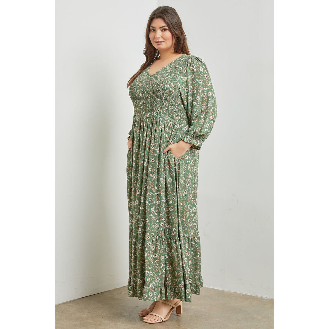 Olive Floral Smocked Maxi Dress - PLUS SIZE 3X Olive Floral Smocked Maxi Dress - PLUS SIZE 3X