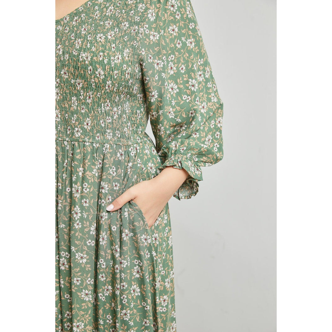 Olive Floral Smocked Maxi Dress - PLUS SIZE The Little Tichel Lady Olive Floral Smocked Maxi Dress - PLUS SIZE The Little Tichel Lady