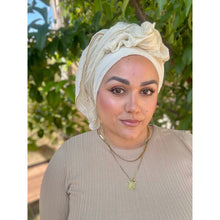 Israeli Textured Headwrap W/ Gold Details - Creme-Long Wrap-The Little Tichel Lady