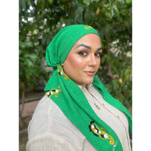 Linen Embroidered Pretied w/ VELVET HEADBAND & Adjustable Circumference - Green-Pretieds-The Little Tichel Lady