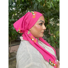 Linen Embroidered Pretied w/ VELVET HEADBAND & Adjustable Circumference - Hot Pink-Pretieds-The Little Tichel Lady