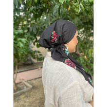 Linen Embroidered Pretied w/ VELVET HEADBAND & Adjustable Circumference - Black/Multi-pre-The Little Tichel Lady