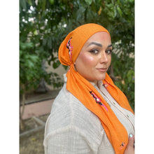 Linen Embroidered Pretied w/ VELVET HEADBAND & Adjustable Circumference - Orange-Pretieds-The Little Tichel Lady