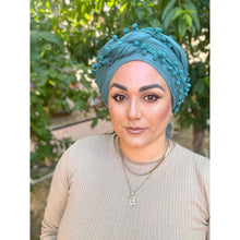 Pom Pom Detailed Headwraps - Turquoise-Long Wrap-The Little Tichel Lady