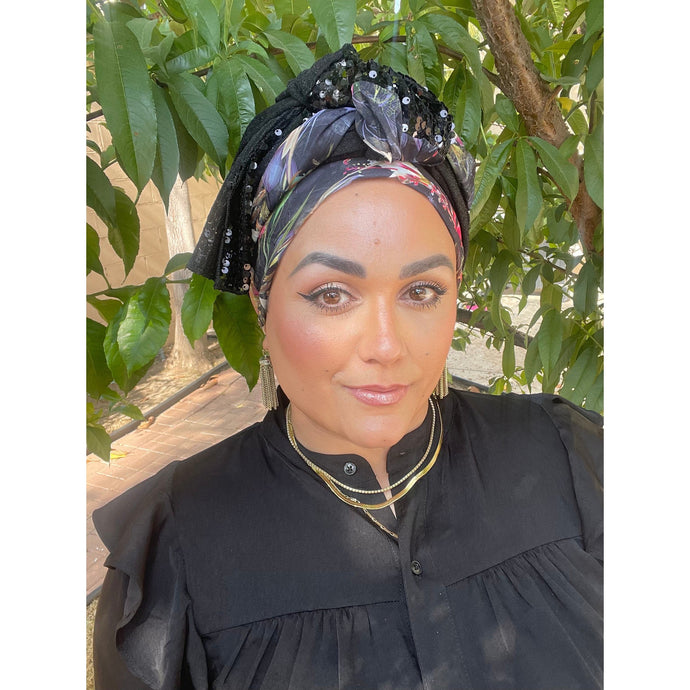 Black Floral 3-in-1 Israeli Headwrap-Long Wrap-The Little Tichel Lady