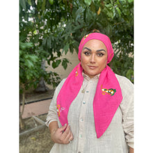 Linen Embroidered Pretied w/ VELVET HEADBAND & Adjustable Circumference - Hot Pink-Pretieds-The Little Tichel Lady