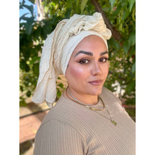 Israeli Textured Headwrap W/ Gold Details - Creme-Long Wrap-The Little Tichel Lady