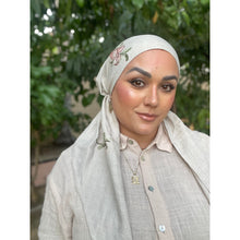 Linen Embroidered Pretied w/ VELVET HEADBAND & Adjustable Circumference - Neutral-Pretieds-The Little Tichel Lady