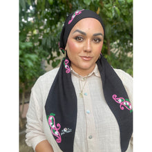 Linen Embroidered Pretied w/ VELVET HEADBAND & Adjustable Circumference - Black/Pink-Pretieds-The Little Tichel Lady