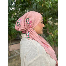 Linen Embroidered Pretied w/ VELVET HEADBAND & Adjustable Circumference - Rose-Pretieds-The Little Tichel Lady