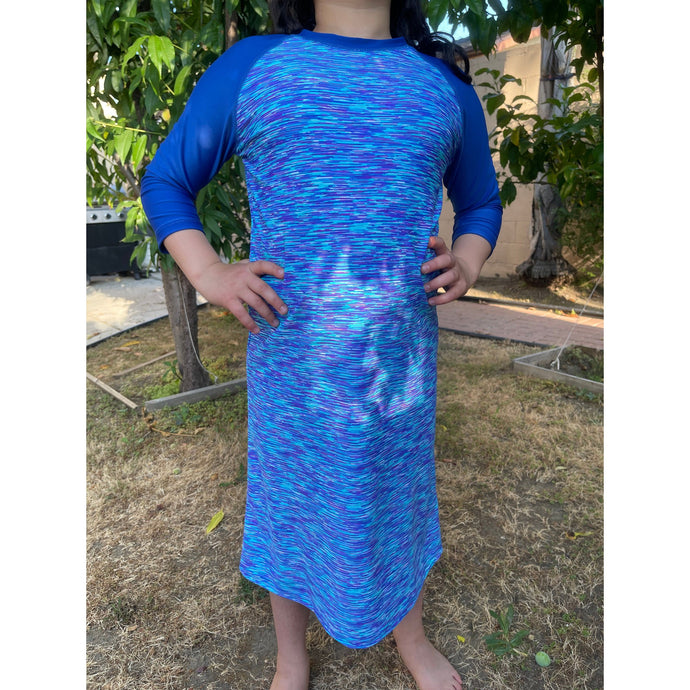 Girls Modest Swim Dress - Blue Print (Sizes 7-16)-dress-The Little Tichel Lady